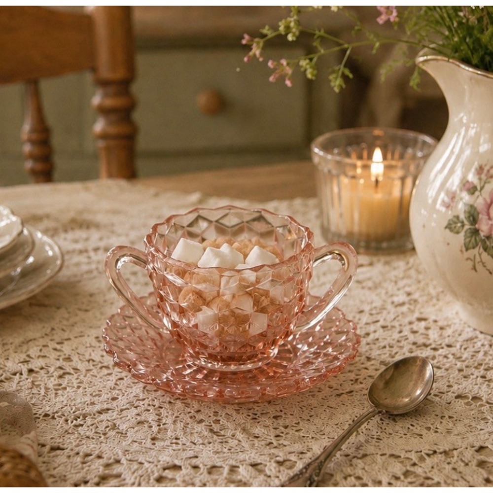 VTG. Jeanette Glass Co. Pink Cubist Pattern Sugar Bowl/Saucer. Depression Glass